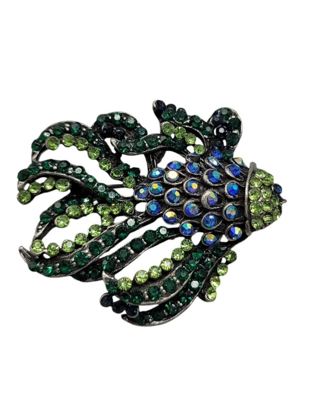 Sparkling Rhinestones Fish Brooch Pendant  Bright Green Blue Gunmetal Gray Metal